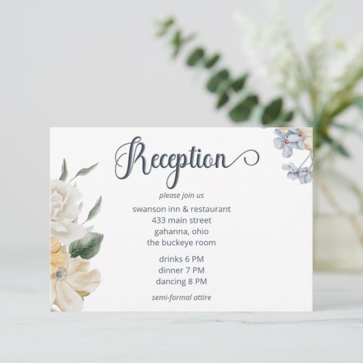 ブルーイエロー&ホワイトフローラウェディングレセプション エンクロージャーカード (スタンド正面)