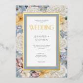 ブルーイエロー&ホワイトフローラ結婚の金ゴールド 箔招待状 (正面)