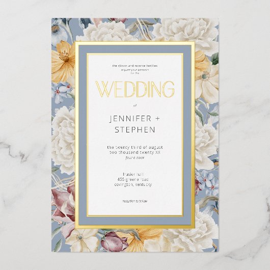 ブルーイエロー&ホワイトフローラ結婚の金ゴールド 箔招待状 (正面)