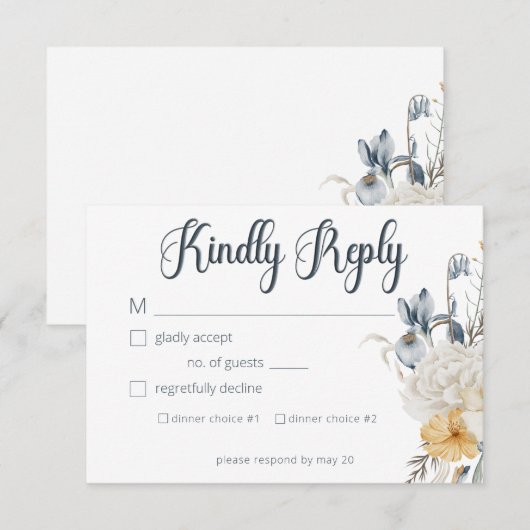 ブルーイエロー&ホワイトフローラ結婚ズ 出欠カード (正面/裏面)