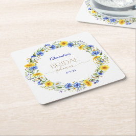 ブルーイエロー ラベンダー ワイルドフラワー リース スクエアペーパーコースター