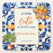 ブルーイタリアンタイルかわいこちゃんオレンジ柑橘系ベビーシャワー スクエアペーパーコースター (正面)