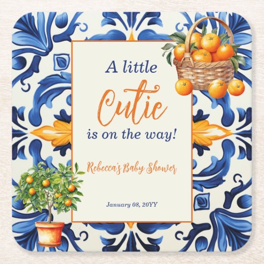 ブルーイタリアンタイルかわいこちゃんオレンジ柑橘系ベビーシャワー スクエアペーパーコースター (正面)