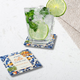 ブルーイタリアンタイルかわいこちゃんオレンジ柑橘系ベビーシャワー スクエアペーパーコースター