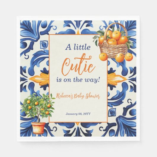 ブルーイタリアンタイルかわいこちゃんオレンジ柑橘系ベビーシャワー スタンダードランチョンナプキン (正面)