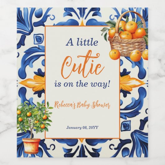 ブルーイタリアンタイルかわいこちゃんオレンジ柑橘系ベビーシャワー ワインラベル (シングルラベル)