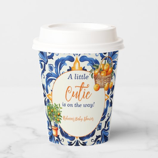 ブルーイタリアンタイルかわいこちゃんオレンジ柑橘系ベビーシャワー 紙コップ (正面)
