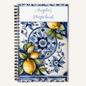 ブルーイタリアンタイルとレモンあなたの名前レシピ ノートブック (正面)