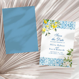 ブルーイタリアンタイルとレモン日付カードを保存 セーブザデート