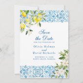 ブルーイタリアンタイルとレモン日付カードを保存 セーブザデート (正面)