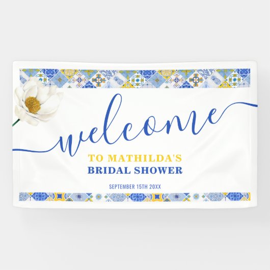 ブルーイタリアンタイルズサマーブライダルシャワーへようこそ 横断幕 (横)