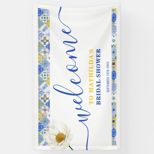 ブルーイタリアンタイルズサマーブライダルシャワーへようこそ 横断幕 (縦)