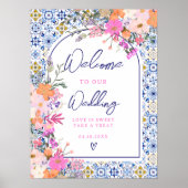 ブルーイタリアンタイルフローラシック結婚歓迎 ポスター (正面)