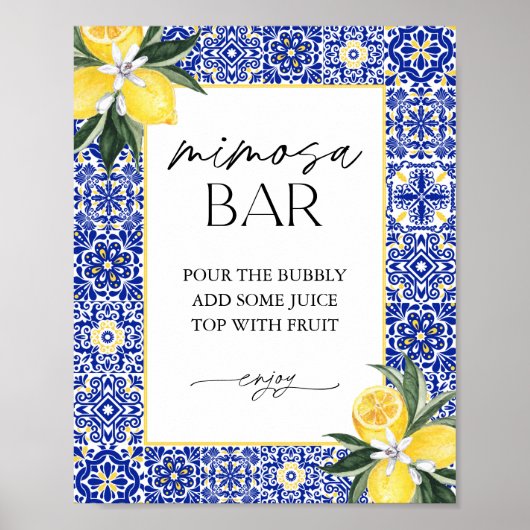 ブルーイタリアンタイルブライダルシャワーミモサバー標識 ポスター (正面)