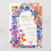 ブルーイタリアンタイルブライトフローラブライダルシャワー 招待状 (正面/裏面)