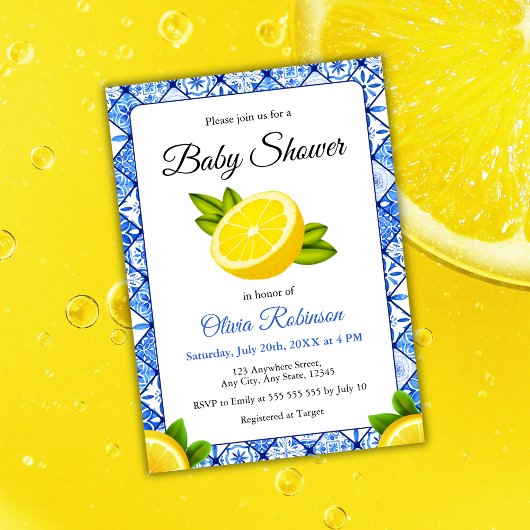 ブルーイタリアンタイルポジターノレモンベビーシャワー 招待状