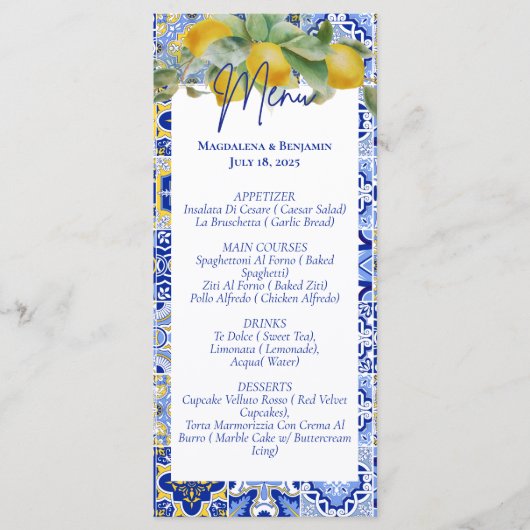 ブルーイタリアンタイルレモンズアマルフィ結婚コースト メニュー (正面)