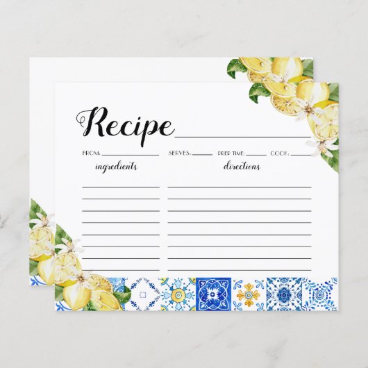 ブルーイタリアンタイルレモンブライダルシャワーレシピカード (正面/裏面)
