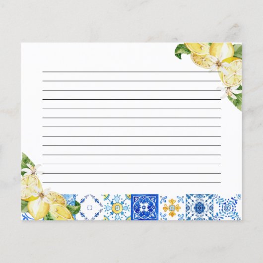 ブルーイタリアンタイルレモンブライダルシャワーレシピカード (裏面)