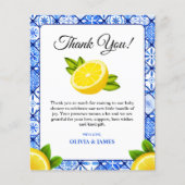 ブルーイタリアンタイルレモンベビーシャワーサンキューカード (正面)