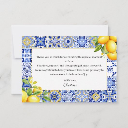 ブルーイタリアンタイルレモンベビーシャワーサンキューカード サンキューカード (裏面)