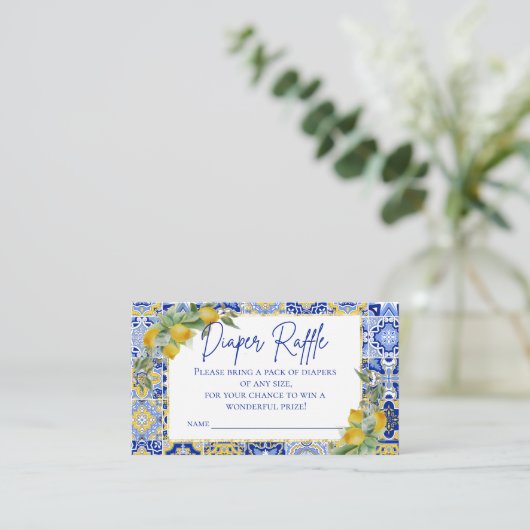 ブルーイタリアンタイルレモン柑橘系おむつラッフルゲーム エンクロージャーカード (スタンド正面)