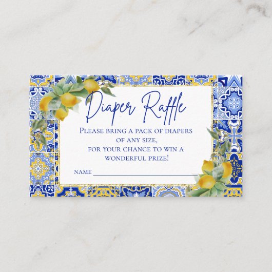 ブルーイタリアンタイルレモン柑橘系おむつラッフルゲーム エンクロージャーカード (正面)