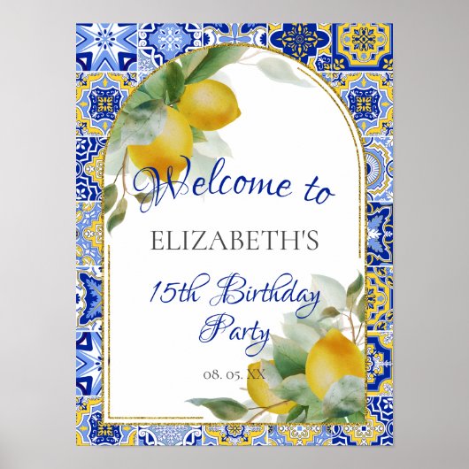 ブルーイタリアンタイルレモン水カラーパーティーへようこそ ポスター (正面)