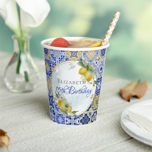 ブルーイタリアンタイルレモン金ゴールドグリッターフレームパーティー 紙コップ (インサイチュ)