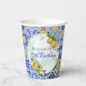 ブルーイタリアンタイルレモン金ゴールドグリッターフレームパーティー 紙コップ (裏面)