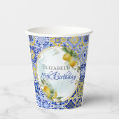 ブルーイタリアンタイルレモン金ゴールドグリッターフレームパーティー 紙コップ (正面)