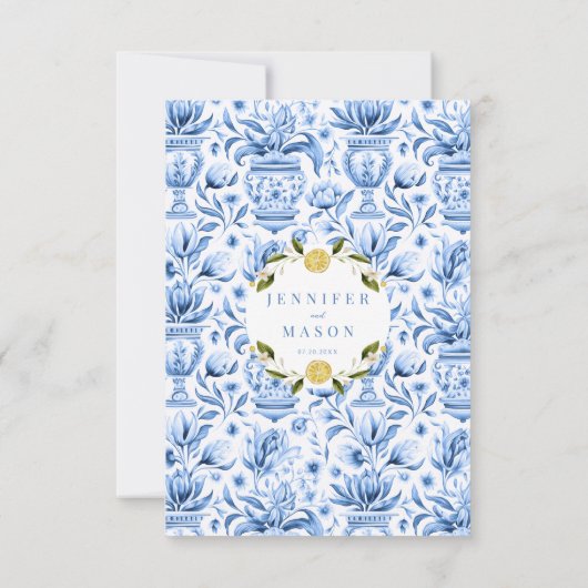 ブルーイタリアンタイルレモン開花結婚式RSVPカード 出欠カード (裏面)