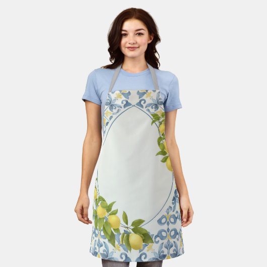 ブルーイタリアンタイルレモン エプロン (着用した状態)