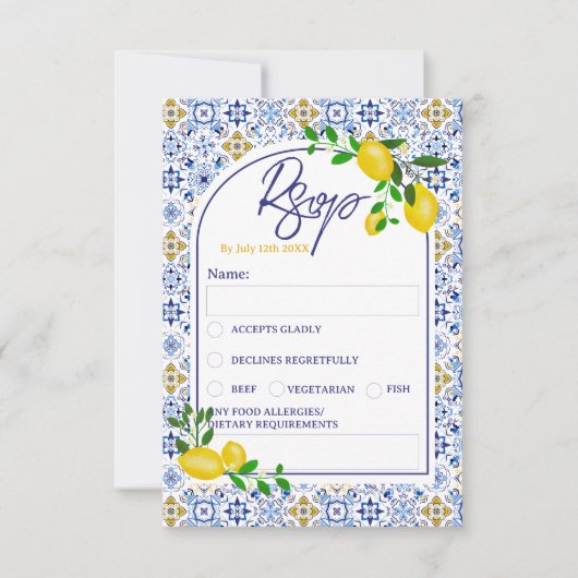 ブルーイタリアンタイル水の色レモンウェディングsvp 招待状 (正面)