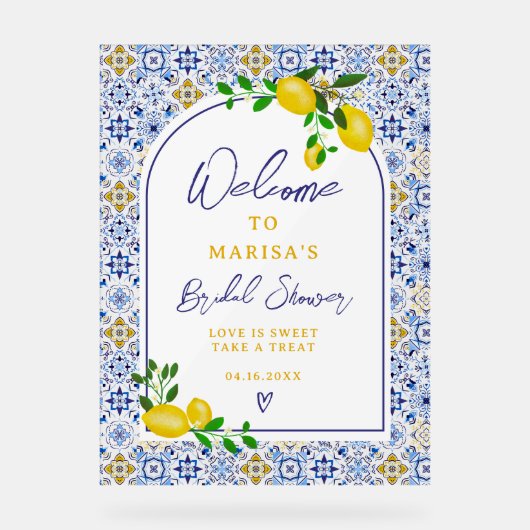 ブルーイタリアンタイル水彩レモンブライダルへようこそ アクリルサイン (正面)