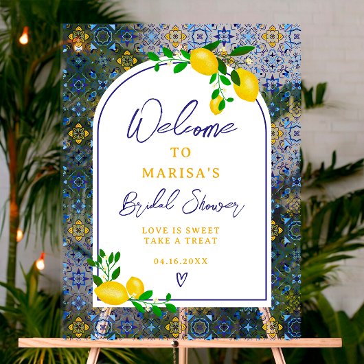 ブルーイタリアンタイル水彩レモンブライダルへようこそ アクリルサイン