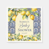 ブルーイタリアンタイル水彩レモンベビーへようこそ スタンダードカクテルナプキン (正面)
