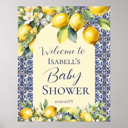 ブルーイタリアンタイル水彩レモンベビーへようこそ ポスター (正面)