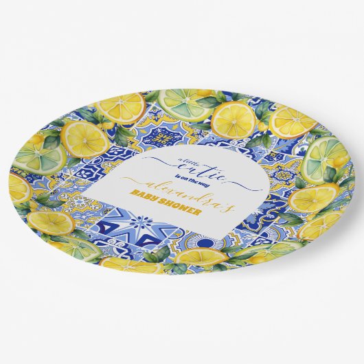 ブルーイタリアンタイル水色レモンベビースシャワー ペーパープレート (アングル)