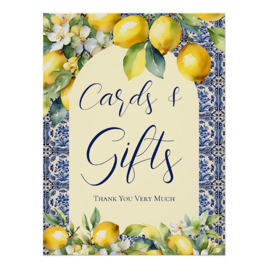 ブルーイタリアンタイル&レモン赤ちゃんシャワーカードギフト ポスター (正面)