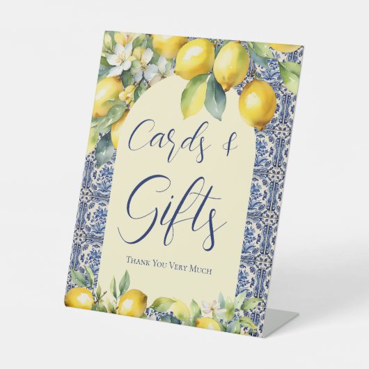 ブルーイタリアンタイル&レモン赤ちゃんシャワーカードギフト 台座サイン (正面)