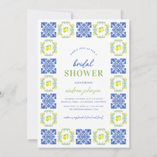 ブルーイタリアンレモンタイルフレームブライダルシャワー 招待状 (正面)