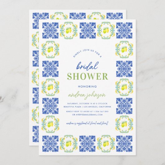 ブルーイタリアンレモンタイルフレームブライダルシャワー 招待状 (正面/裏面)