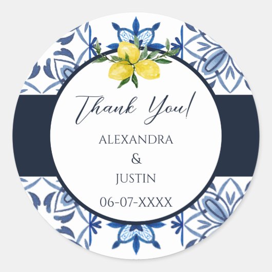 ブルーイタリアンレモ地中海のンさん結婚ありがとう ラウンドシール (正面)