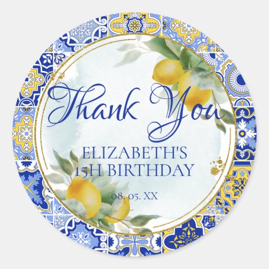 ブルーイタリアン金ゴールドタイルレモンのスクリプトありがとう ラウンドシール (正面)