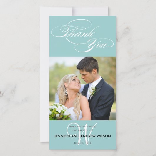 ブルーイニシャルス結婚クリプトありがとうフォトカード サンキューカード (正面)