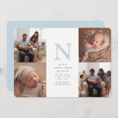 ブルーイニシャル4枚フォトコラージュ少年誕生 案内状 (正面/裏面)