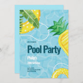 ブルーイラストプールバースデーパーティー 招待状 (正面/裏面)
