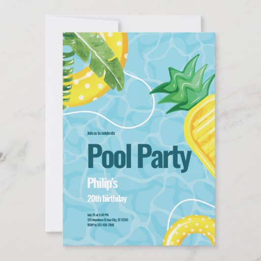 ブルーイラストレーションプール誕生日パーティー 招待状 (正面)