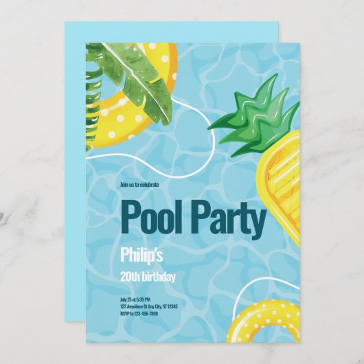 ブルーイラストレーションプール誕生日パーティー 招待状 (正面/裏面)